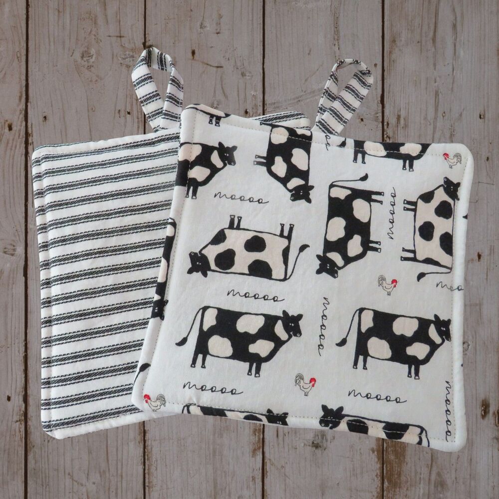 Handmade Potholder, Set of 2, Reversible Cows and White and Black Ticking